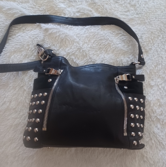 B.MAKOWSKY Leather+Suede Silver Stud Bag. 12 X 14 Animal Print Lining  LIKE NEW - Picture 3 of 11